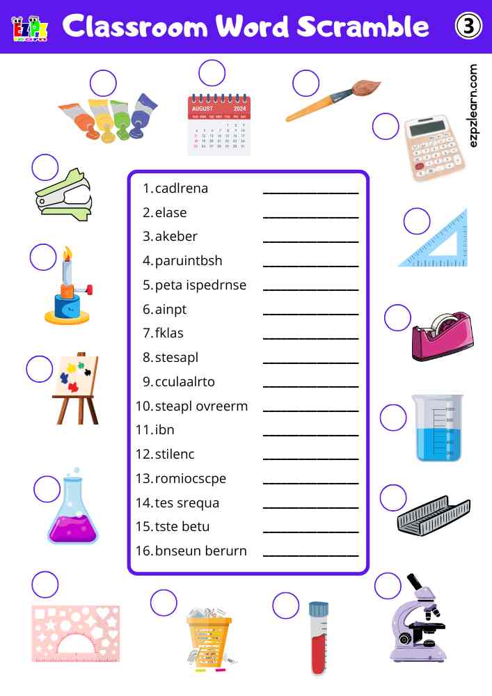 Classroom Objects Word Scramble Worksheet – Unscramble the Words Free Pdf Set 3